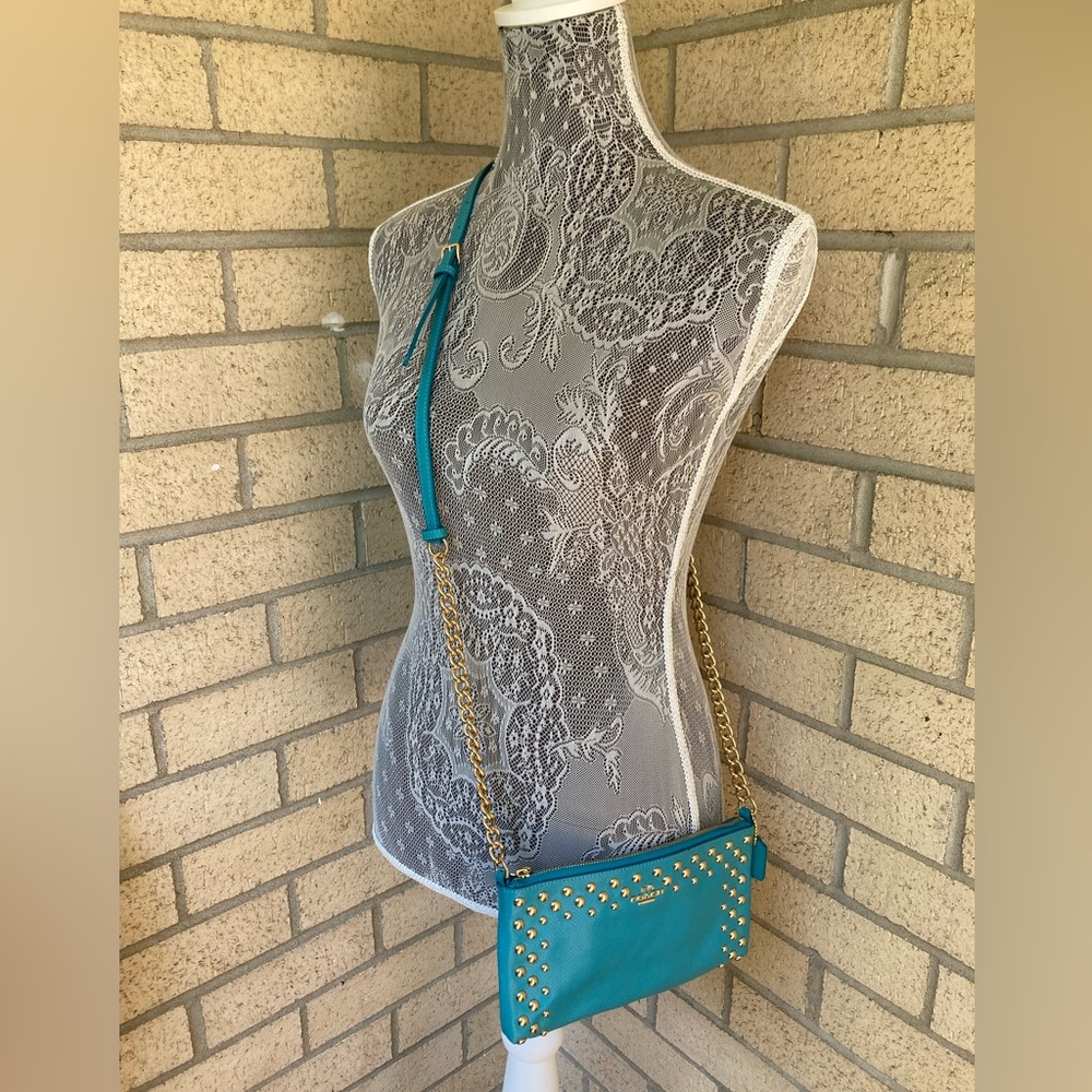 Coach Quinn Teal Blue Metal Bubble Studded Soft Leather Small Crossbody Purse - Picture 8 of 17
